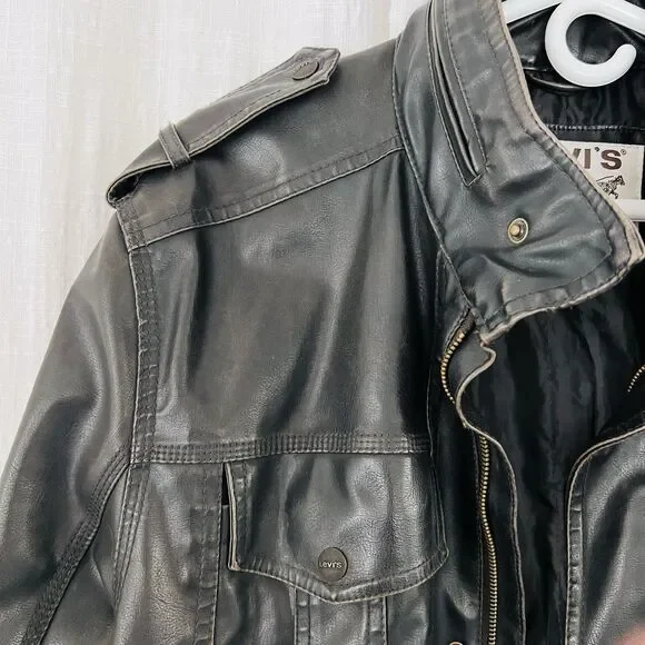 Authentic Levi's Espresso Brown Polyvinyl Thick Rugged Moto Jacket Mens XL Biker